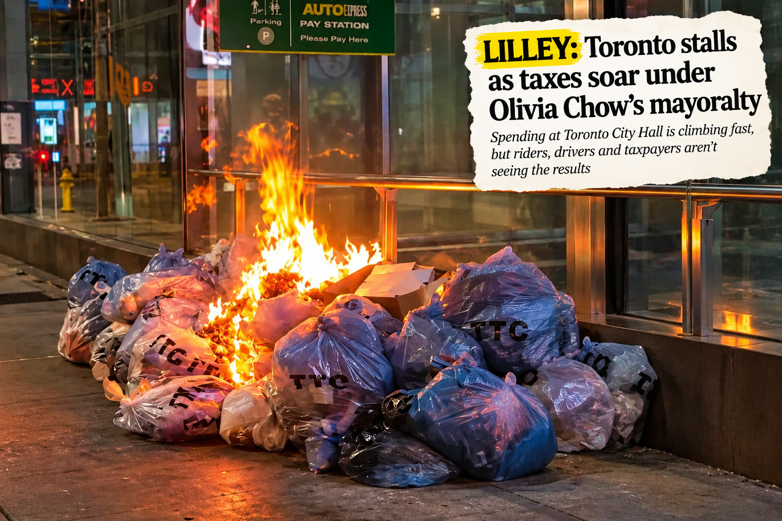 A pile of garbage bags burning on a downtown sidewalk at night, beside the headline “LILLEY: Toronto stalls as taxes soar under Olivia Chow’s mayoralty”
