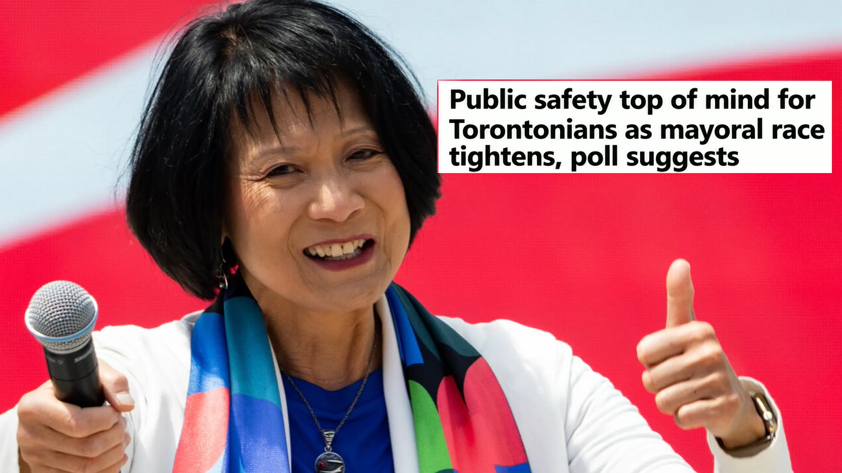 Olivia Chow smiling and giving a thumbs-up with a microphone in hand, beside the CBC headline “Public safety top of mind for Torontonians as mayoral race tightens, poll suggests”