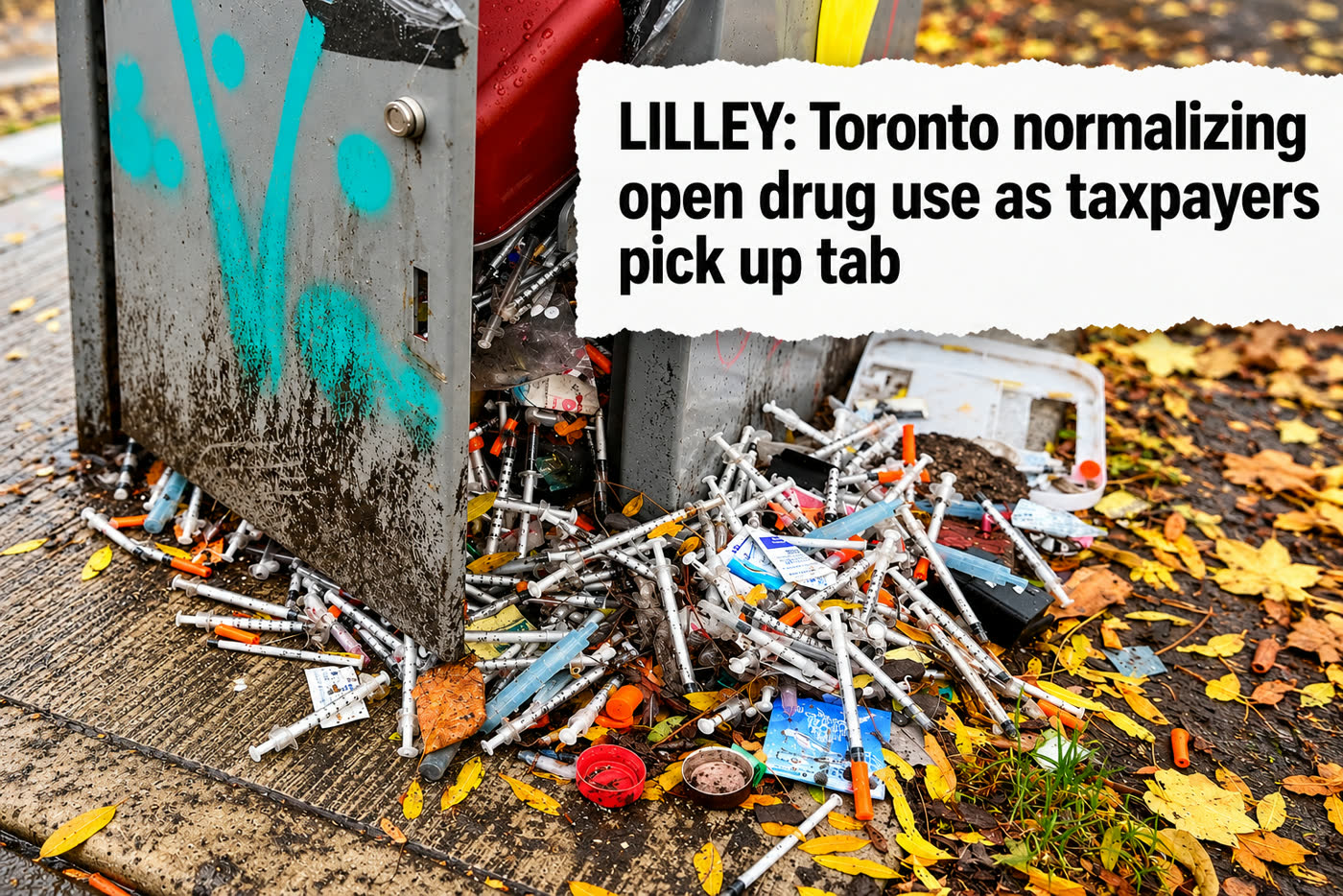 A sharps disposal bin overflowing with used syringes on a leaf-strewn sidewalk, beside the headline “LILLEY: Toronto normalizing open drug use as taxpayers pick up tab”